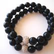 Faceted blue goldstone with rhodium-plated pave crystal