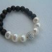 Pearls with rhodium-plated pave crystal and wood beads
